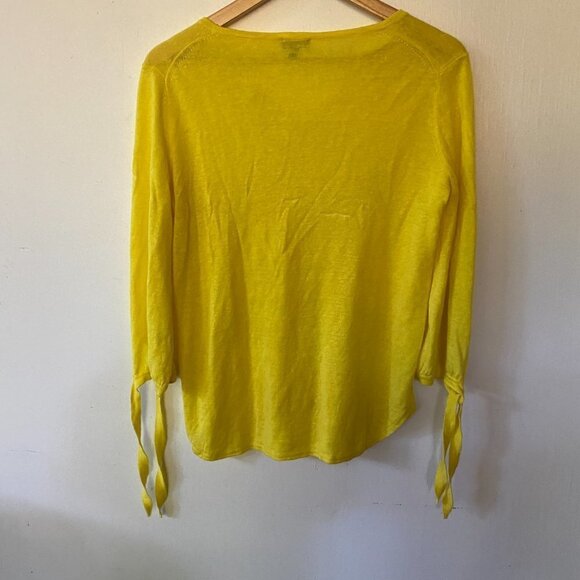 Talbots Sweater Women's XS Yellow Tie Sleeves 100% Linen V-neck - Picture 5 of 5